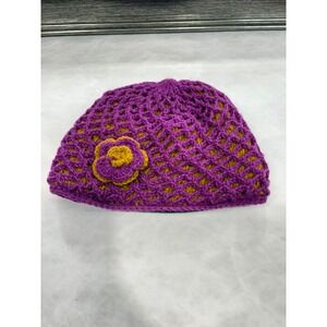 Handmade 100% Wool Fleece Lined Beanie Nepal Crochet Flower Hat Purple Yellow
